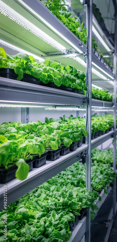 Fototapeta premium Vertical farming system with stacked shelves of green leafy vegetables inside a modern hydroponic facility, illuminated with LED lights. The plants are arranged neatly, offering a futuristic vibe.