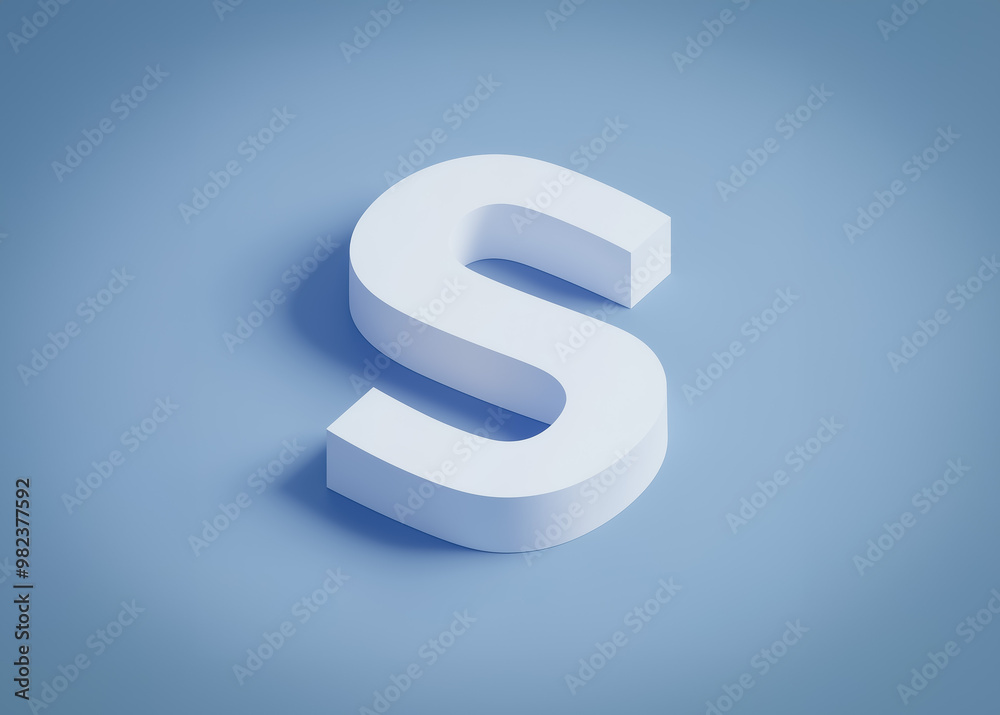 The letter 'S' stands out on a monochromatic blue surface, designed in 3D with pastel gradients. The isometric perspective emphasizes the letter's bold shape and gives it a modern, playful look.