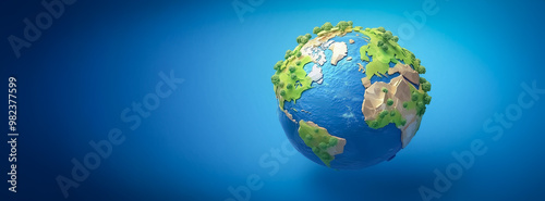 A vibrant 3D isometric illustration of a globe with natural elements and cityscapes, showing a stylized version of Earth. The green and blue tones are complemented by clouds and buildings for a balanc photo