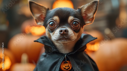 A picture of a Chihuahua dog in a cloak, surrounded by Halloween decorations, which symbolizes Halloween or Day of the Dead, which falls on October 31st every year.