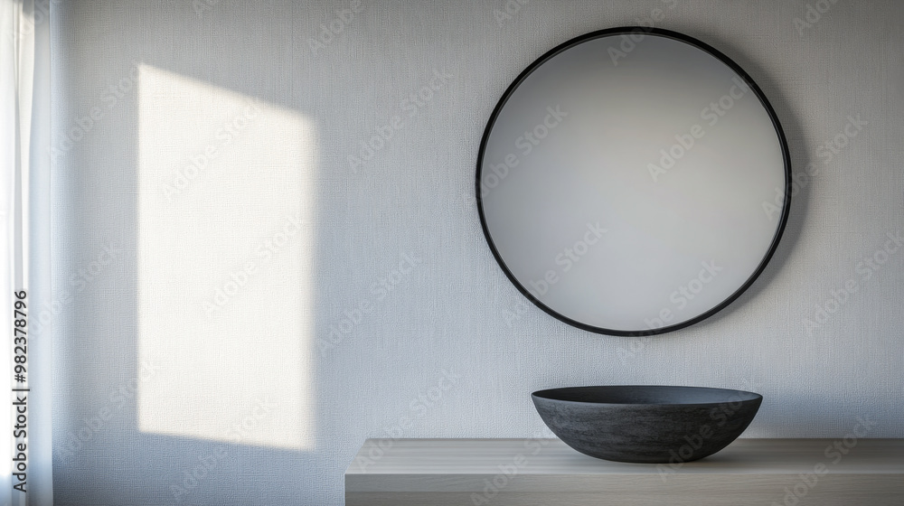 Simple modern interior design featuring a round mirror and a dark bowl on a wooden table in a well-lit room Simple modern interior design featuring a round mirror and a dark bowl on a wooden table in a well-lit room