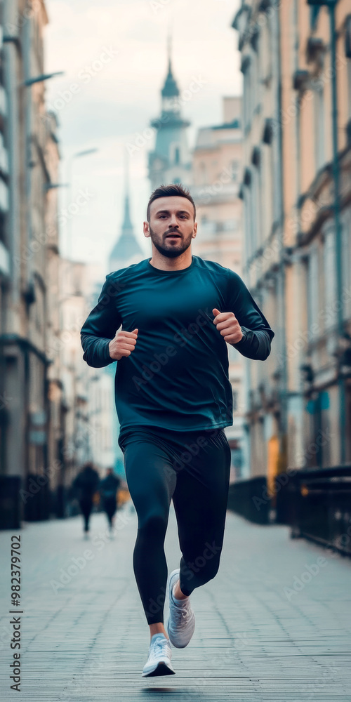 Fototapeta premium male athlete runs in the city. AI generative.