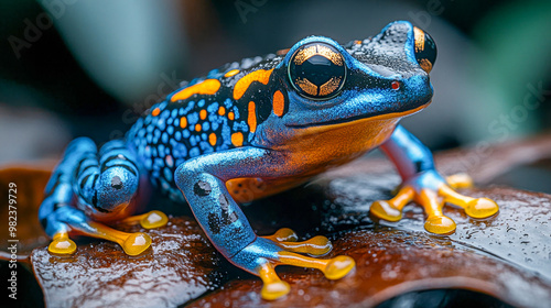 Vibrant blue poison dart frog with orange markings perching on a wet leaf photo