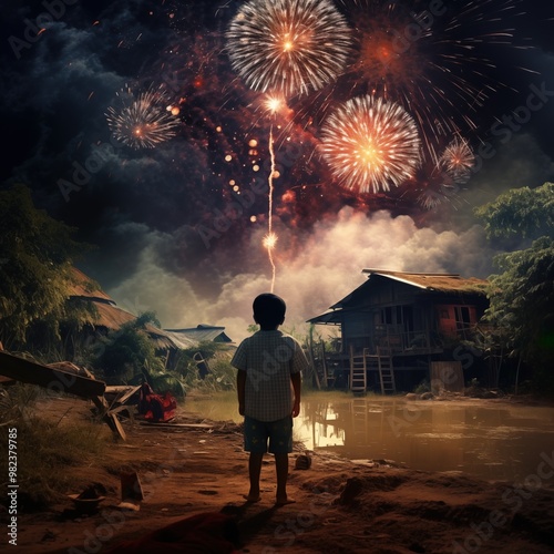 Little boy in front of the house with fireworks