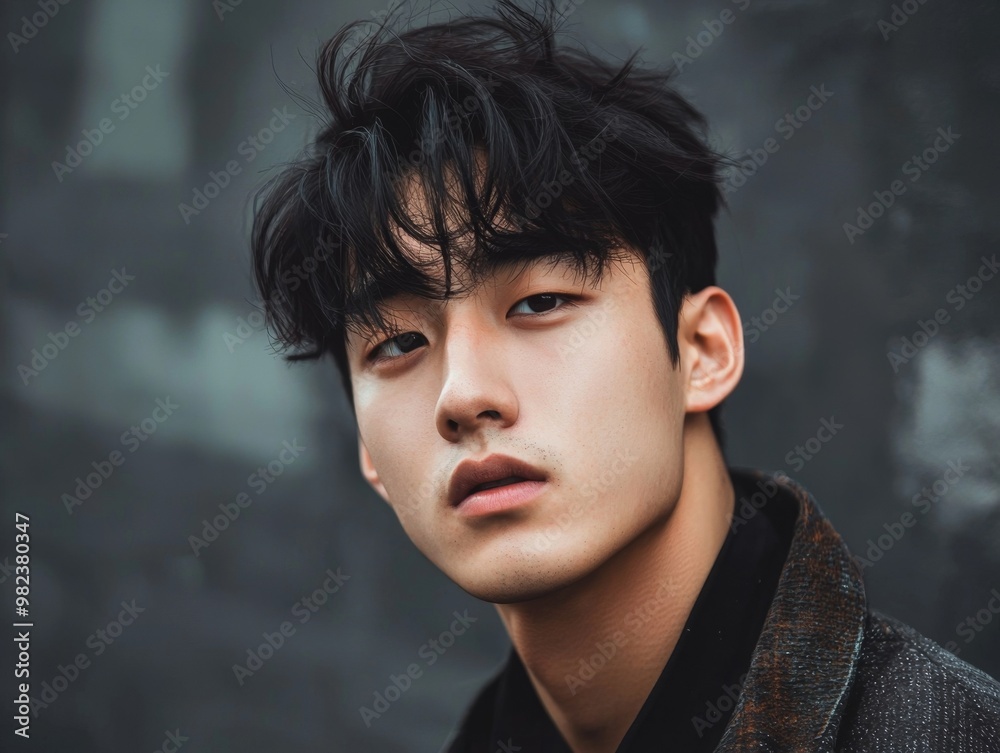 Moody Pensive Portrait of Young Korean Man in Urban Setting
