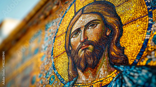 Shimmering mosaic of jesus christ adorns the church's exterior wall in the afternoon sunlight