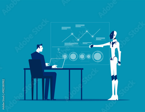 Robot. Businessman talking to robot and learning predict about business marketing, Artificial intelligence supports business success