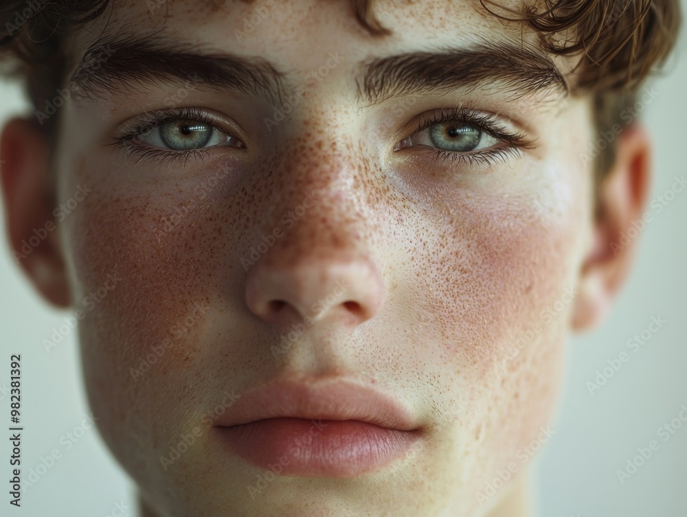 Pensive Young Man with Striking Green Eyes and Freckled Complexion Pensive Young Man with Striking Green Eyes and Freckled Complexion