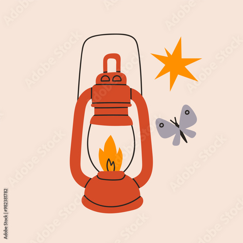 Gas lantern, butterfly, star. Hand drawn modern Vector illustration. Isolated design element. Trekking, travel, tourism, camping, hiking concept. Icon, logo, poster, sticker, print, design template