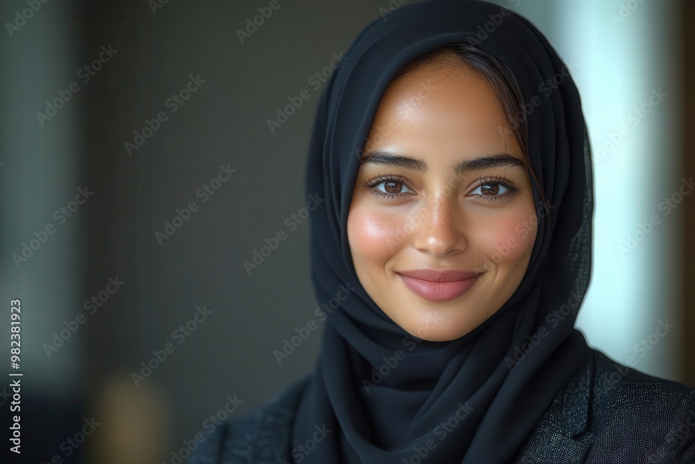 confident woman in sleek black hijab and blazer warm smile radiating against minimalist backdrop soft studio lighting accentuating features empowering portrait of modern muslim professional confident woman in sleek black hijab and blazer warm smile radiating against minimalist backdrop soft studio lighting accentuating features empowering portrait of modern muslim professional