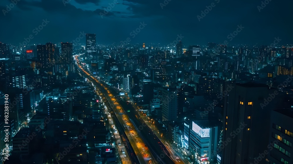 Obraz premium Aerial cityscape at night illuminated by countless lights picture