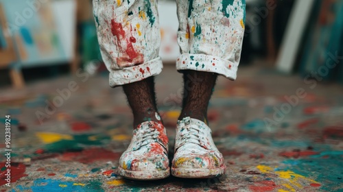 A detailed close-up of paint-splattered shoes worn by an artist in the studio, capturing the essence of artistic passion and the vibrant, messy nature of the creative process. photo