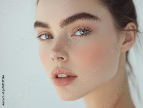 Serene Closeup Portrait of a Beautiful Young Woman with Elegant Makeup and Facial Expression