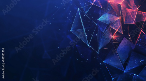 Futuristic science banner with glowing polygonal triangles and lines on dark blue background. 