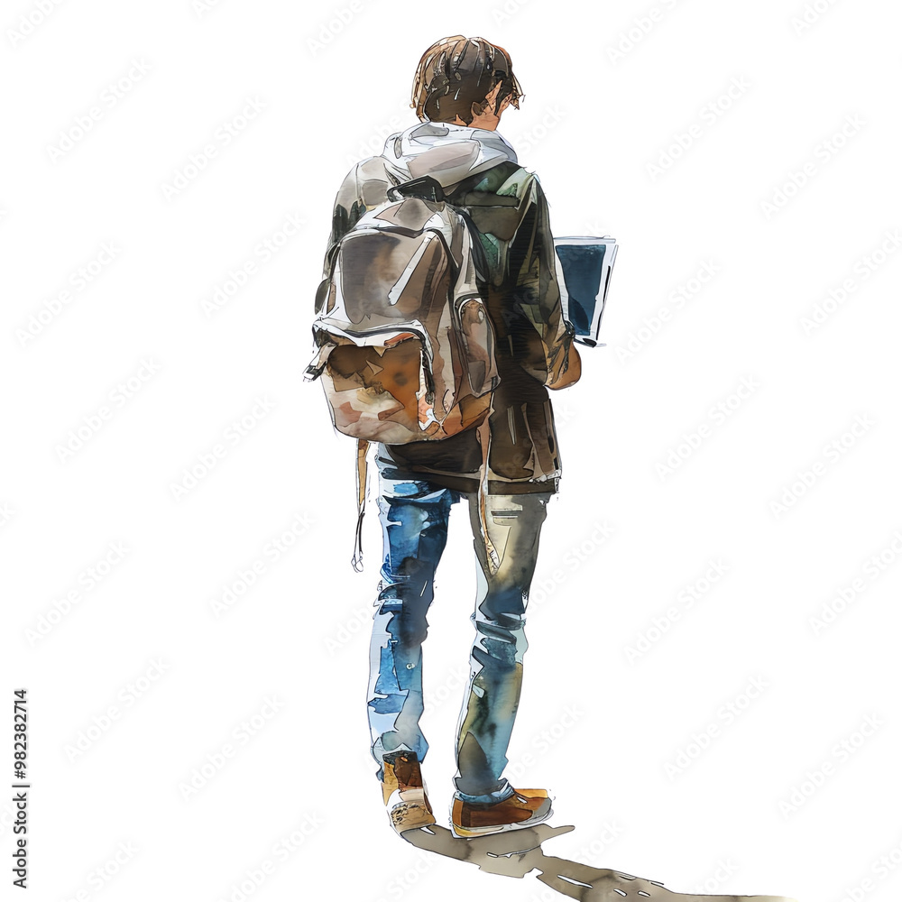 Watercolor painting depicting a young man with a backpack and laptop, walking away. Casual attire with jeans and a jacket. Watercolor painting depicting a young man with a backpack and laptop, walking away. Casual attire with jeans and a jacket.