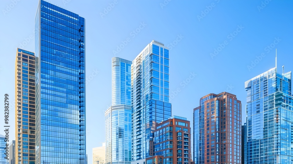 Iconic Tall Buildings Reaching High in a Vibrant City Skyline Under a Clear Blue Sky Iconic Tall Buildings Reaching High in a Vibrant City Skyline Under a Clear Blue Sky