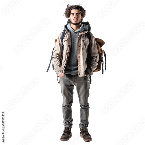 Young traveler with a backpack, dressed in casual outdoor attire, ready for an adventure, standing against a white background.