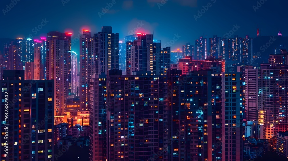 Fototapeta premium Vibrant Cityscape Illuminated by Colorful Lights at Night