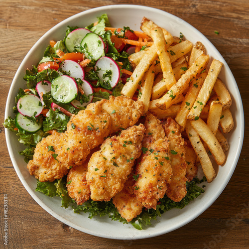 a plate of crispy, golden chicken tenders and seasoned fries. AI generative.