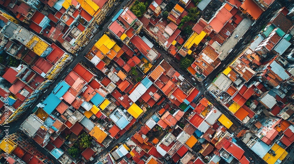 Aerial view of colorful rooftops in an urban area, showcasing vibrant architecture. Aerial view of colorful rooftops in an urban area, showcasing vibrant architecture.