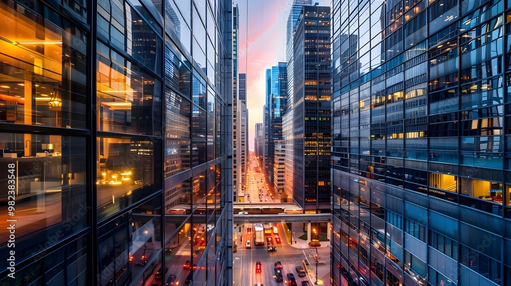 Vibrant Urban Landscape with Towering Skyscrapers and Reflecting Facades Vibrant Urban Landscape with Towering Skyscrapers and Reflecting Facades