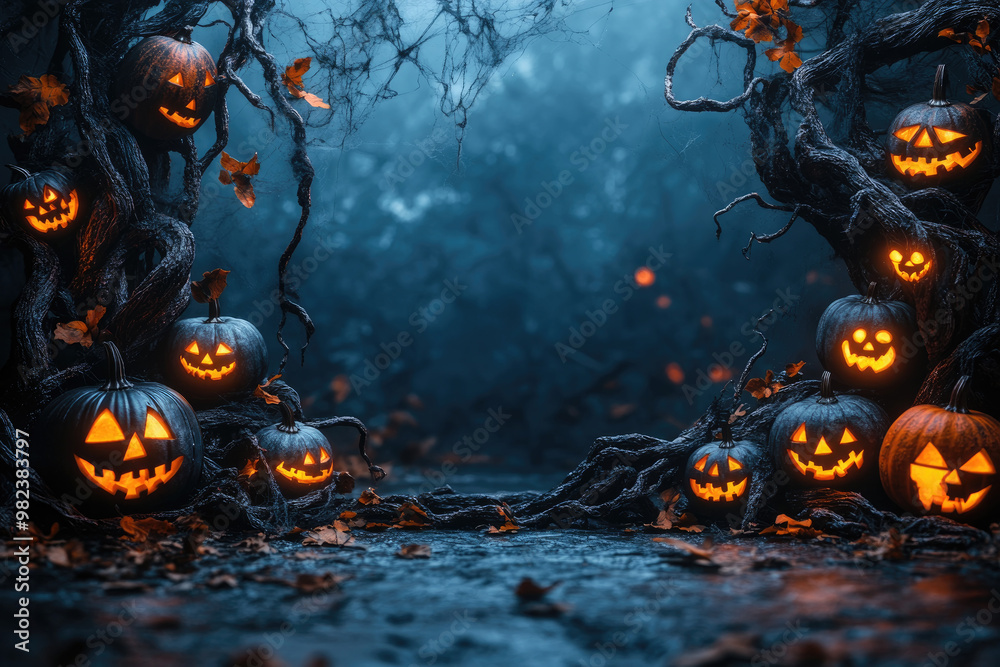 Glowing jack-o’-lanterns illuminate a misty forest, surrounded by twisted branches and fallen leaves, creating an eerie Halloween atmosphere Glowing jack-o’-lanterns illuminate a misty forest, surrounded by twisted branches and fallen leaves, creating an eerie Halloween atmosphere