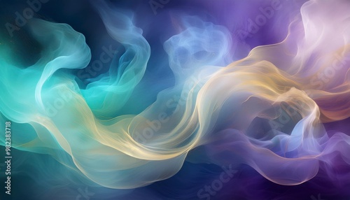 Soft, wispy trails of smoke rise and twirl through the air, blending hues of colors creating a dreamlike, ethereal background of flowing, translucent forms.