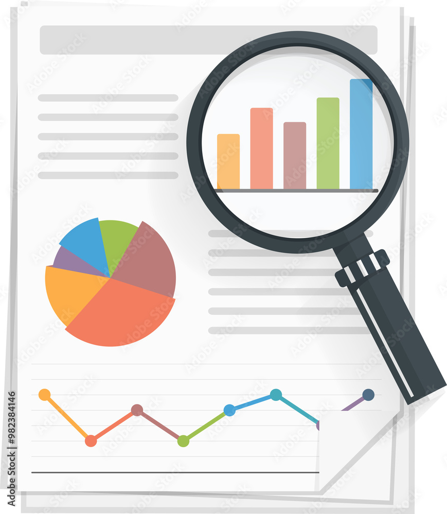 Papers with business report and magnifying glass