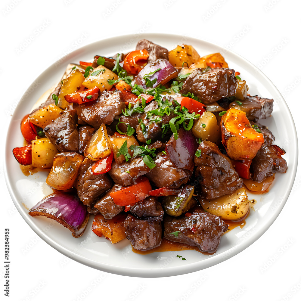 Delicious plate of beef stir-fry with colorful veggies, displayed on a clean white dish, great for showcasing in cooking and food projects Delicious plate of beef stir-fry with colorful veggies, displayed on a clean white dish, great for showcasing in cooking and food projects