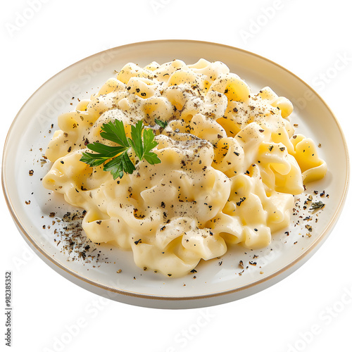 Mouthwatering image of a creamy pasta dish garnished with vibrant parsley and black pepper, set against a clear background