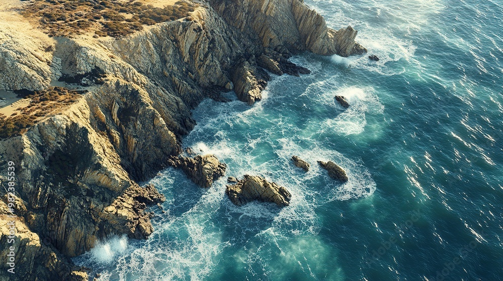 Obraz premium Aerial view of rocky coastline with waves crashing against cliffs and rocks.