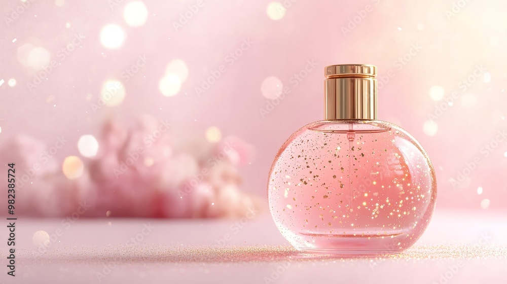 Elegant Pink Perfume Bottle with Sparkles Background Elegant Pink Perfume Bottle with Sparkles Background