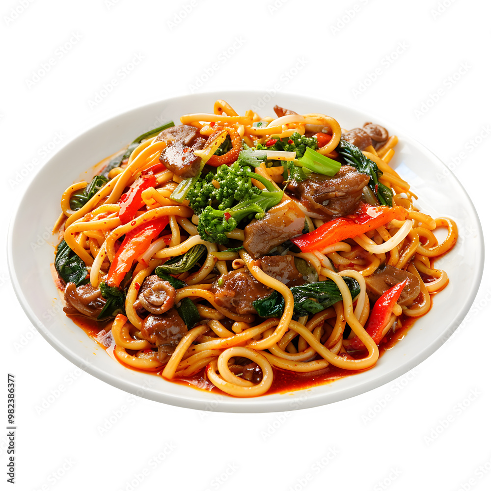 Delicious stir-fried noodles with a variety of veggies and juicy beef, presented on a clean white plate against a see-through backdrop Delicious stir-fried noodles with a variety of veggies and juicy beef, presented on a clean white plate against a see-through backdrop