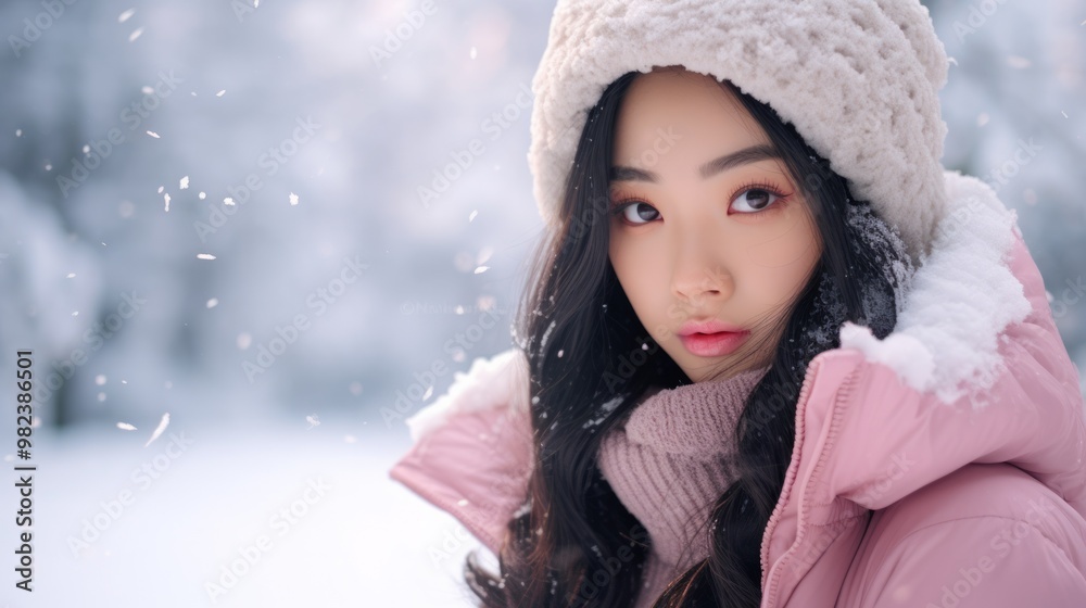 Portrait of gorgeous asian girl in warm clothes during cold winter. Neural network ai generated art Portrait of gorgeous asian girl in warm clothes during cold winter. Neural network ai generated art
