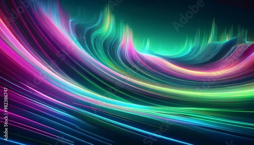 A flowing wave of neon light streaks in shades of green, blue, and pink, resembling the aurora borealis, but with a futuristic, digital aesthetic.