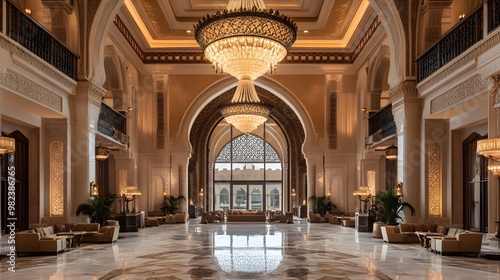 A grand lobby with high ceilings, a large chandelier, marble floors, and arched doorways. photo