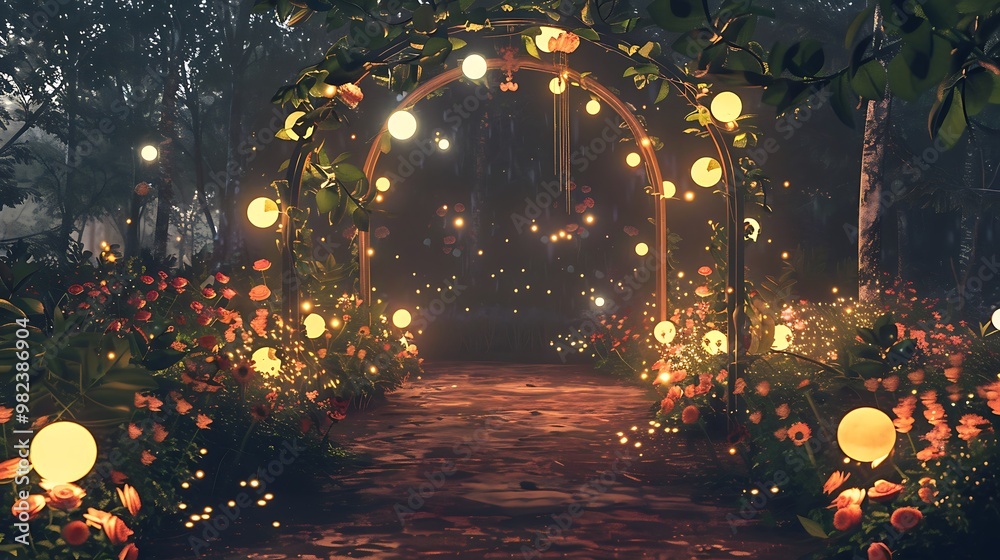 Obraz premium Midnight celebration with arches rose flowers spots and globe lights in the woods opposite