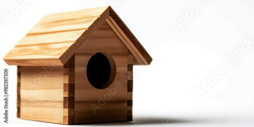 Handcrafted wooden birdhouse with a small roof, white background, isolated, natureinspired craftsmanship