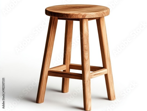 Wooden stool with simple round seat, white background, isolated, minimalistic furniture design