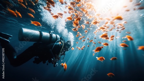 An underwater adventure captured with a scuba diver skillfully swimming through a myriad of colorful fish beneath the ocean's surface, showcasing marine life and the thrill of exploration. photo