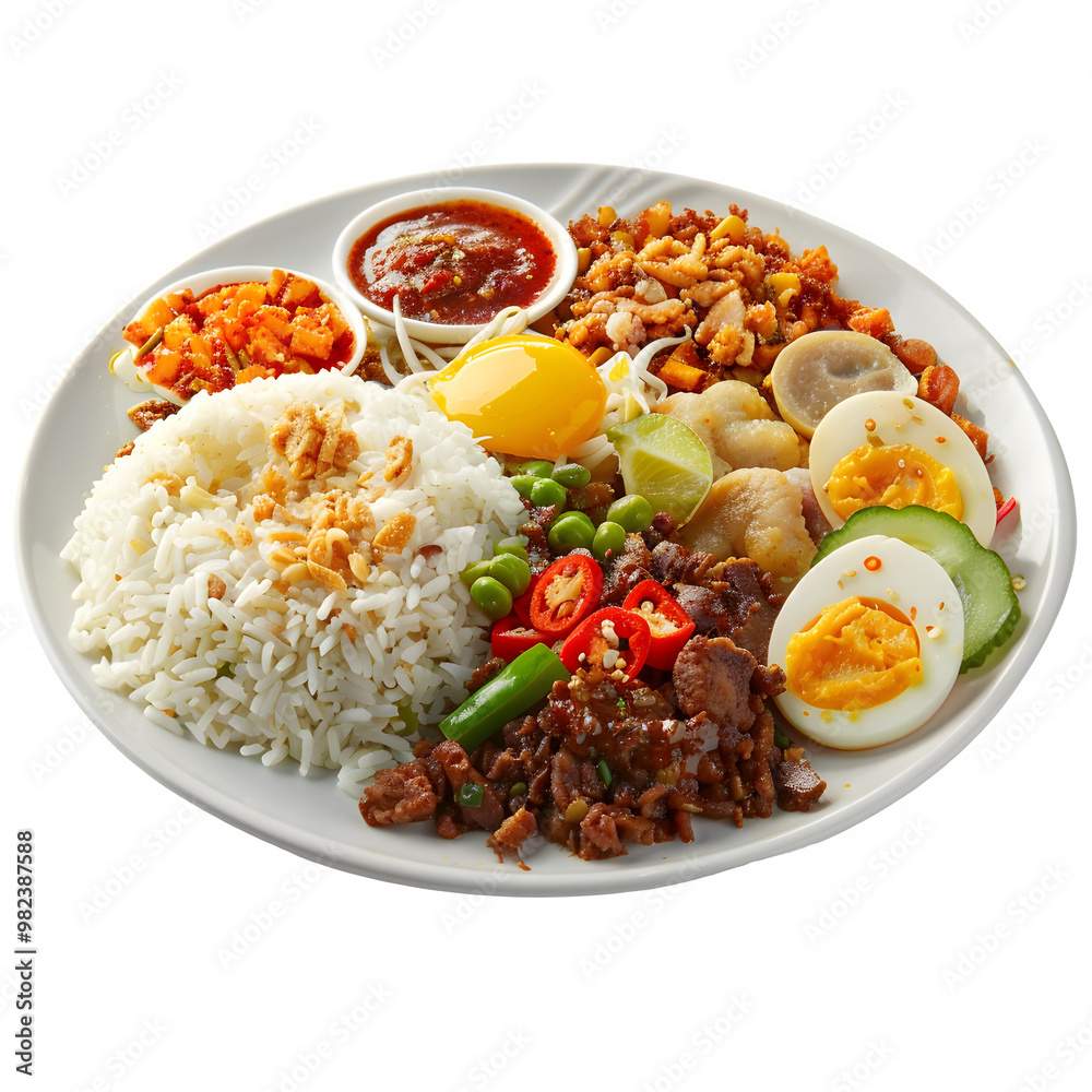 Traditional malaysian nasi lemak served with rice, boiled egg, sambal, peanuts, anchovies, and assorted side dishes on a white plate Traditional malaysian nasi lemak served with rice, boiled egg, sambal, peanuts, anchovies, and assorted side dishes on a white plate