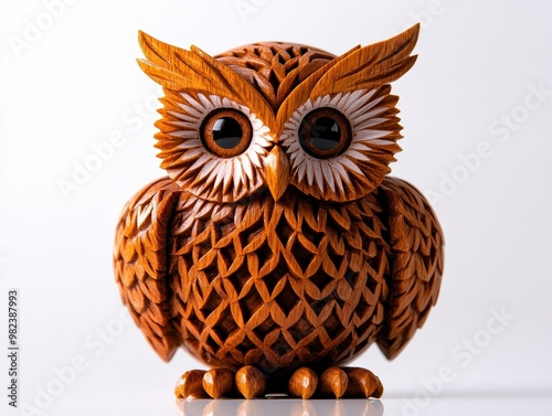 Handcarved wooden figurine of an owl, white background, isolated, artistic and detailed photo