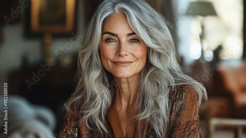 Beautiful older woman with gray hair smiling confidently, wearing a soft scarf and sweater in a cozy home setting, representing aging gracefully and inner beauty.