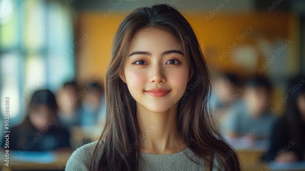 Smiling young woman in a classroom setting, looking confident, with students in the background, representing education, learning, and academic achievement. Smiling young woman in a classroom setting, looking confident, with students in the background, representing education, learning, and academic achievement.
