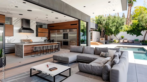 Modern outdoor living space featuring an inside grilling and sleek furnishings