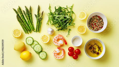 Aesthetic top view of salad ingredients: shrimp, arugula, asparagus, tomatoes. Yellow background. Generative AI