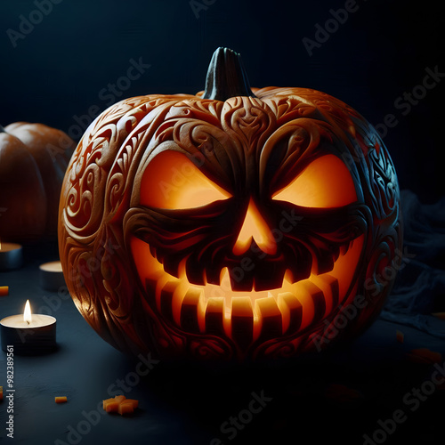 Halloween pumpkin background featuring spooky jack-o-lanterns on a black backdrop, perfect for autumn celebrations	