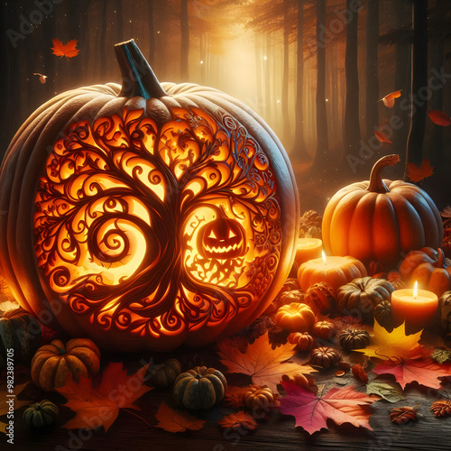 Halloween pumpkin background featuring spooky jack-o-lanterns on a black backdrop, perfect for autumn celebrations	
