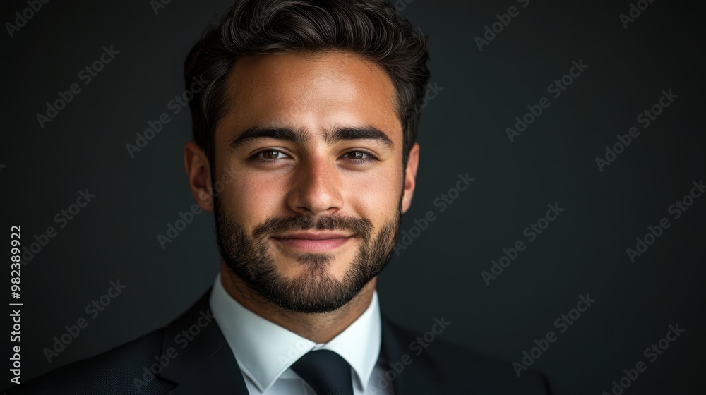 Confident man smiling in a formal black suit against a dark background, showing a professional and successful image. Businessman portrait in a sharp outfit. Confident man smiling in a formal black suit against a dark background, showing a professional and successful image. Businessman portrait in a sharp outfit.