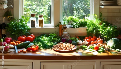 Inviting sunlit kitchen counter brimming with fresh herbs, vibrant vegetables, and legumes, inspiring healthy and delicious home-cooked meals.